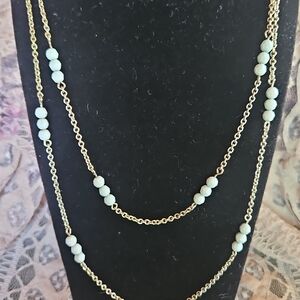 Layered Gold Necklace with Light Aqua Beads - Women Jewelry